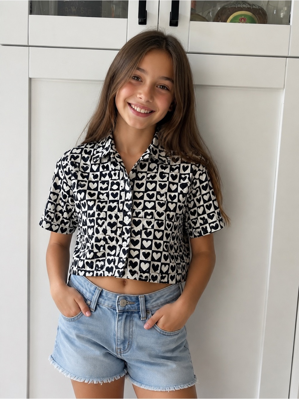 Y& F Girls 10/11 Yrs Black & White Heart-Print Cropped Shirt - Kids